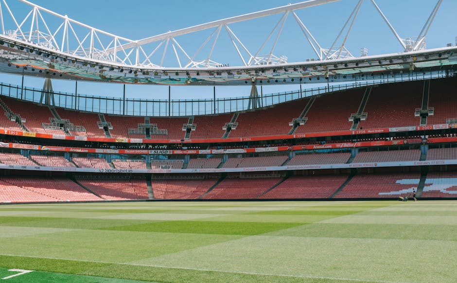 Inside a large sports stadium with a well-maintained grass field in the foreground, surrounded by multiple tiers of red and pink seating sections. The stadium's roof structure, consisting of a white, lattice-like framework, arches prominently overhead against a clear, blue sky. The seating areas include visible aisles and some advertising boards around the upper tiers. The interior appears empty, with no spectators present, and the lighting indicates daytime. While not directly related to house removals or moving services, this image exemplifies the scale and structure of transport-linked environments where furniture transport and logistical planning are key aspects that Man and a Van Highbury may consider for large-scale relocations or logistical coordination.