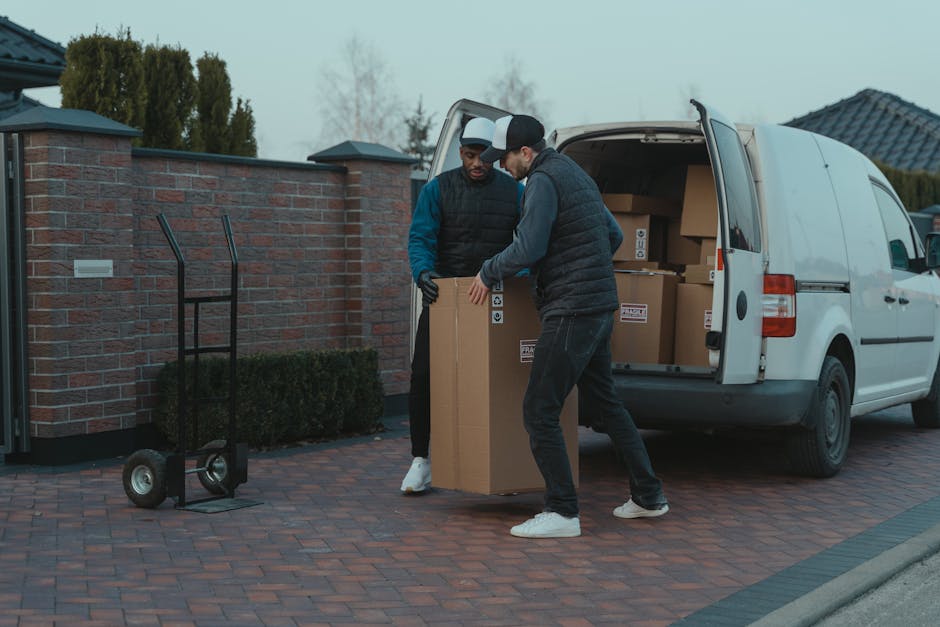 A young man wearing a white t-shirt and jeans is standing outside next to a white moving van with its rear doors open, preparing to load or unload cardboard boxes during a home relocation. The man is holding a box, and there are three additional cardboard boxes stacked on the pavement beside him, some sealed with packing tape. The scene is set on a residential street with a house featuring a gabled roof, a chimney, and a garden with green bushes and a tall, narrow tree in the background. The van is parked on the road adjacent to the property, and the loading process involves careful packing and transport of household items. Directional lighting and clear weather suggest daytime conditions, with natural light illuminating the scene. Man and a Van Highbury is involved in the furniture transport and packing services, supporting efficient moving logistics.